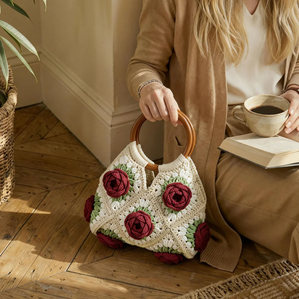 Crochet Rose Granny Square Tutorial | Vintage Handbag Patterns